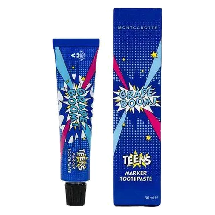 Zubní pasta pro teenagery s indikátorem plaku Montcarotte, příchuť hroznové víno, 30 ml
